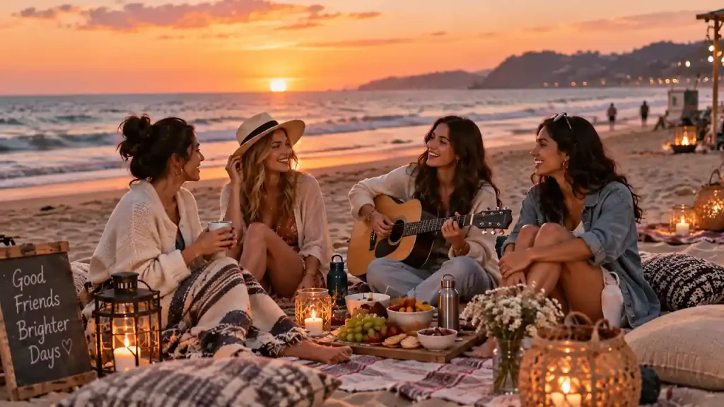 A group of friends spending an evening at the beach