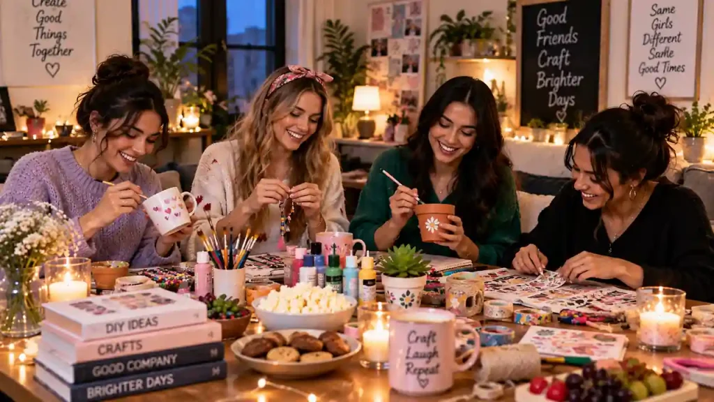 Friends making handmade crafts together during a DIY night