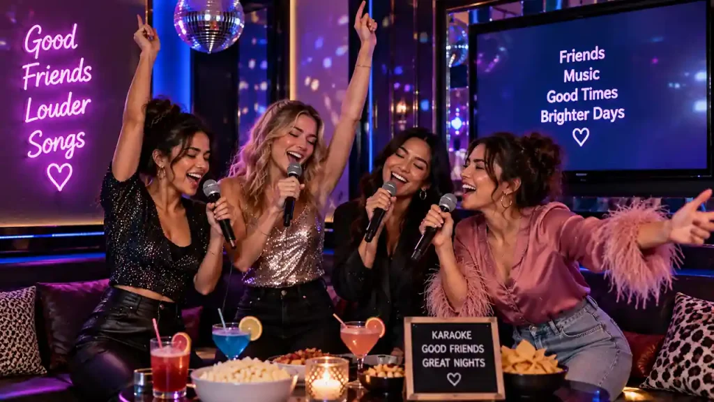 Friends singing together with microphones on girls' night out