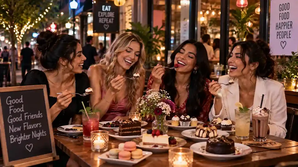 Friends enjoying sweet treats at a cafe on girls' night out