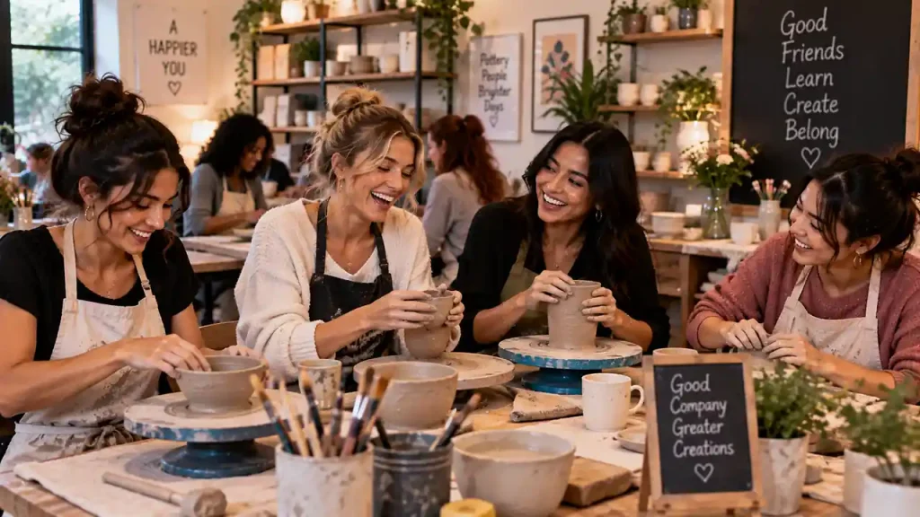 Friends taking a creative group workshop