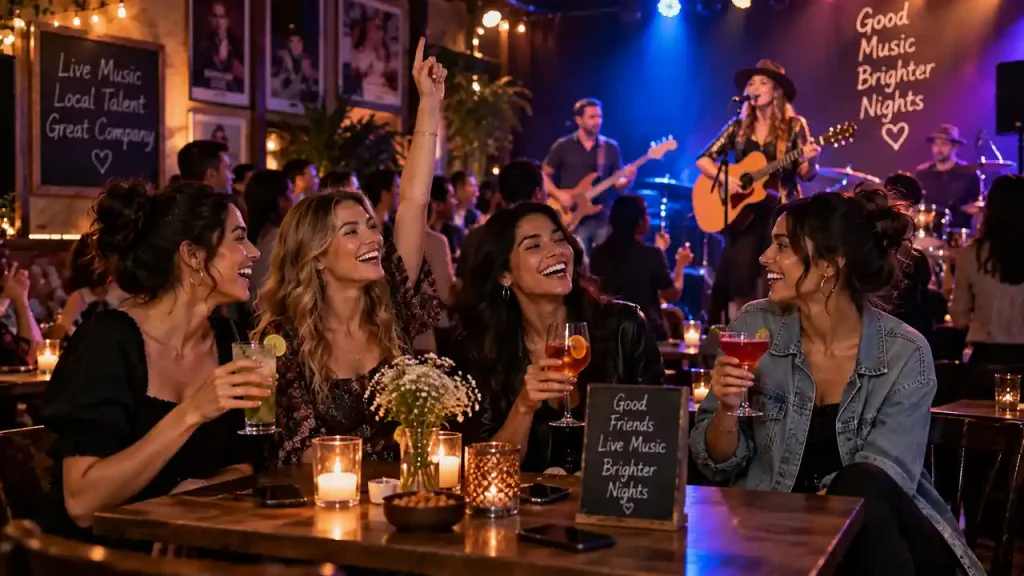 Friends cheering and watching a live local music concert