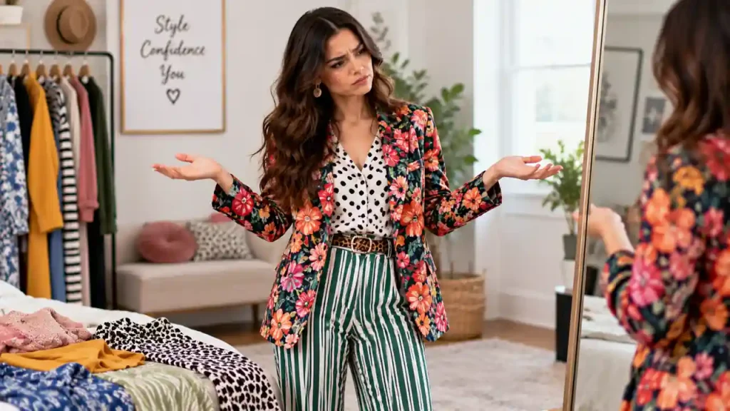 Woman wearing balanced mixed pattern outfit