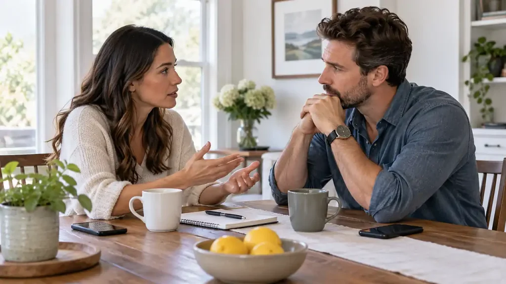 Husband and wife having a serious discussion after emotional infidelity