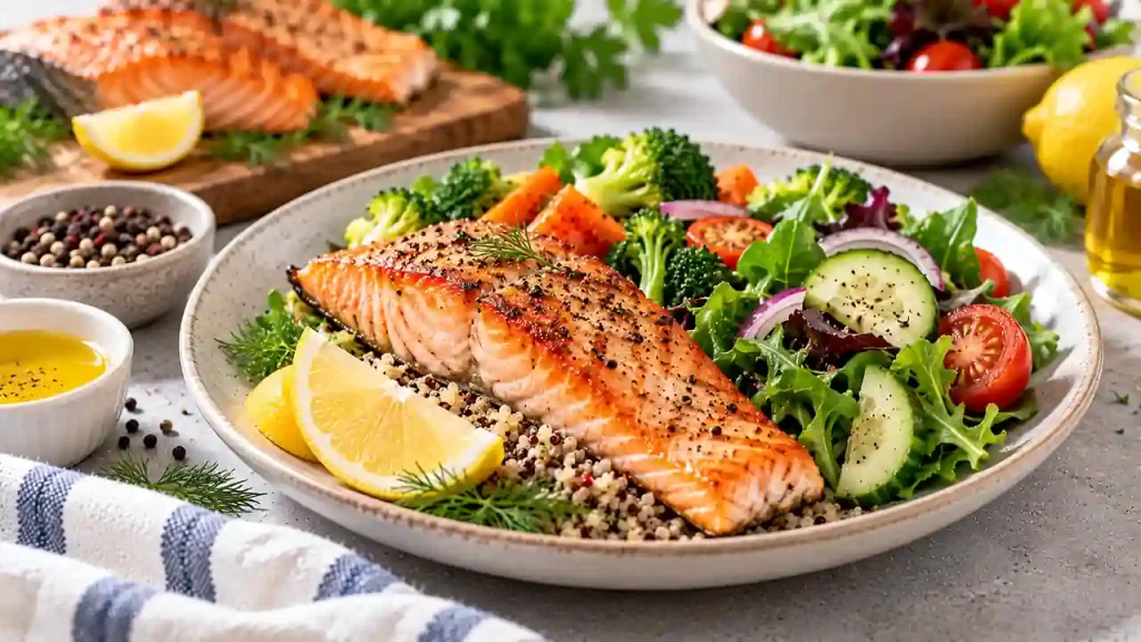 Fish fillet served with fresh vegetables as high-protein foods to lose weight