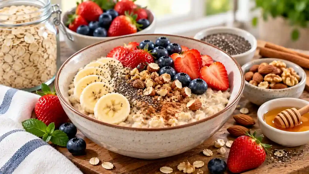 Healthy bowl of oatmeal topped with fruit as one of the best foods to lose weight