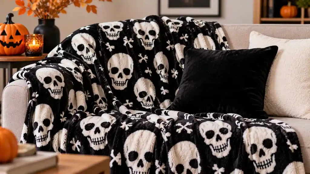 Spooky Halloween blanket sets: black-and-white skulls