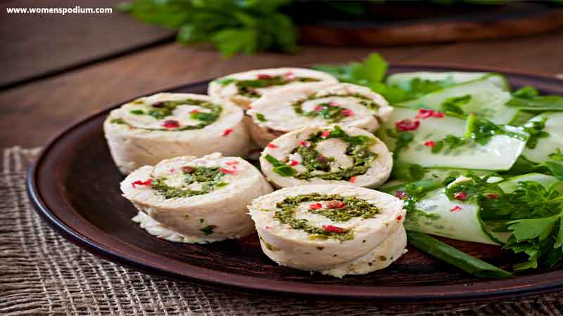 Steamed Chicken Rolls With Vegetable Salad