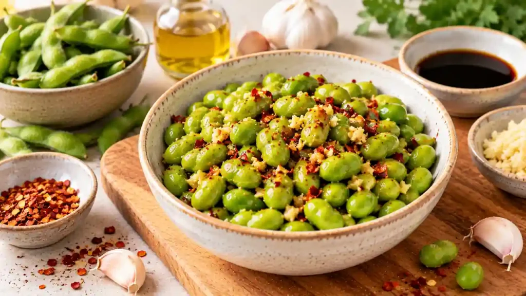 Healthy spicy snacks: garlic-chilli edamame