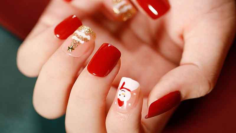 Long Coffin Red Square Nails - christmas nails
