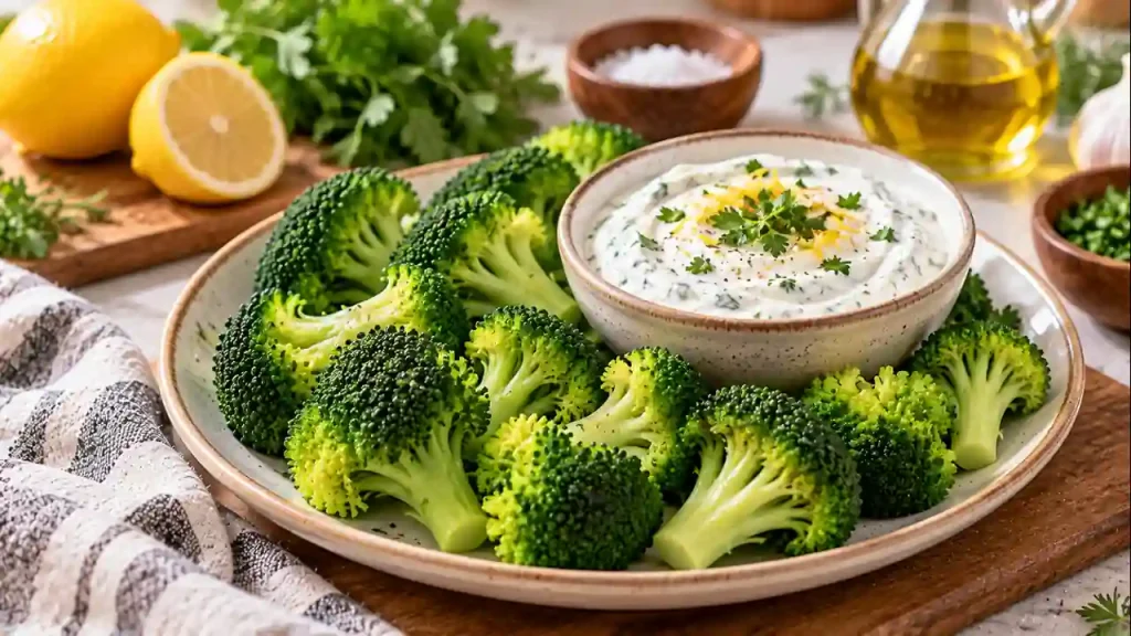 Broccoli vs steak protein: broccoli with yogurt dip
