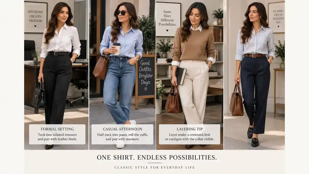 Crisp button-down shirt with tailored trousers for classic outfits for women