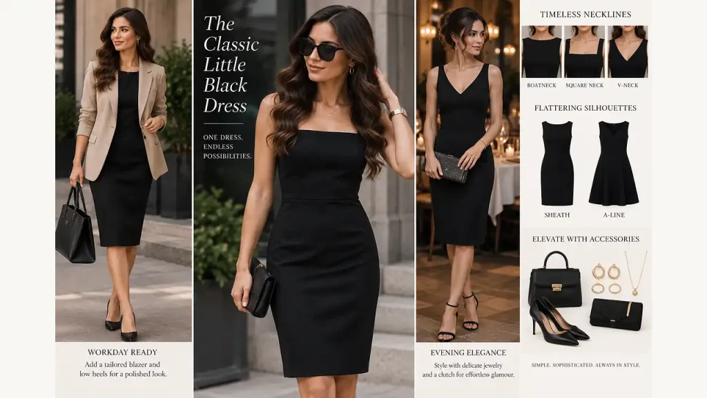 Classic little black dress styled for timeless classic outfits for women