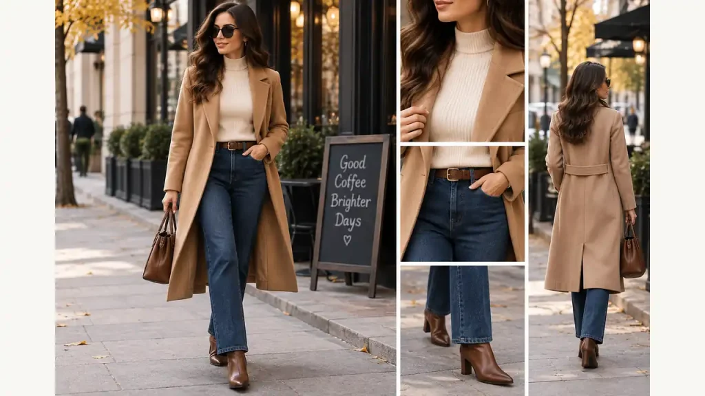 Tailored coat with straight-leg denim and fitted knit for classic outfits for women