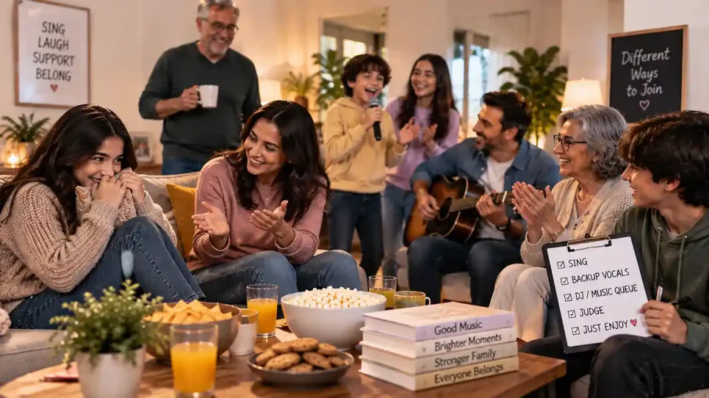 Family relaxing and enjoying home karaoke together