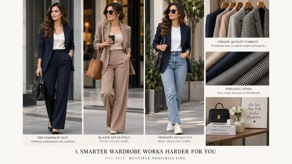 Tailored pantsuit styled for polished, modern classic outfits for women