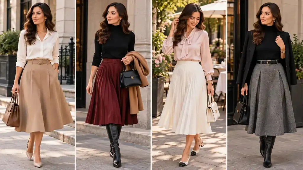 Structured pleated skirt with soft blouse for classic outfits for women