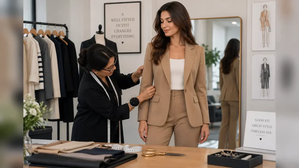 Tailored classic outfits for women showing proper fit