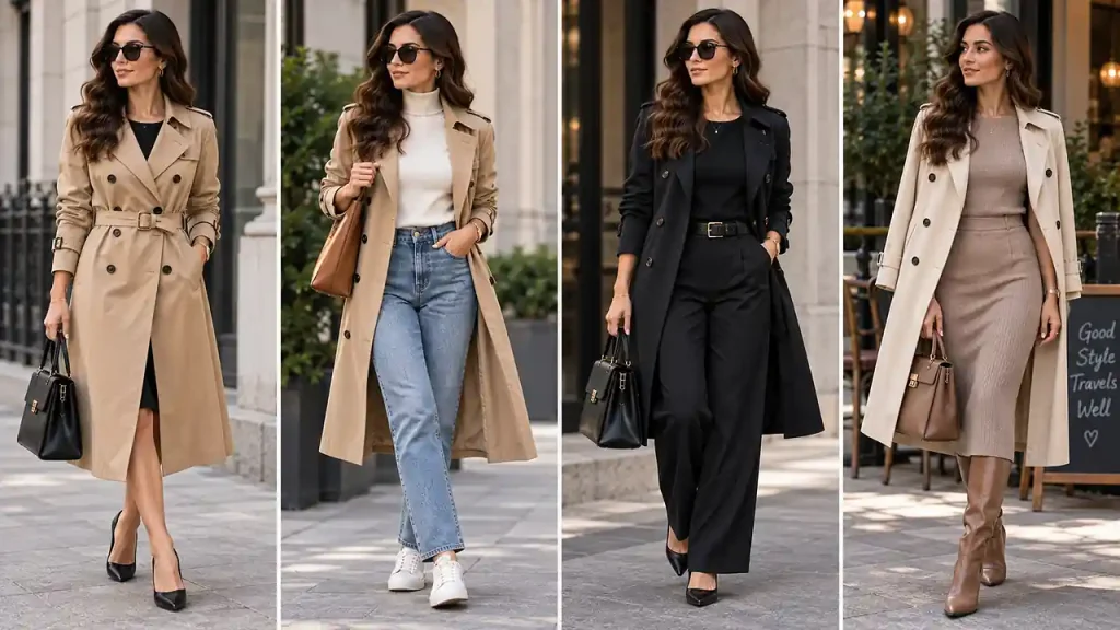 The timeless trench coat layered over tonal separates