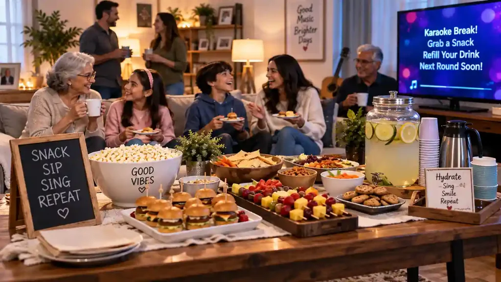 Party snacks and beverages set up for a family karaoke night at home