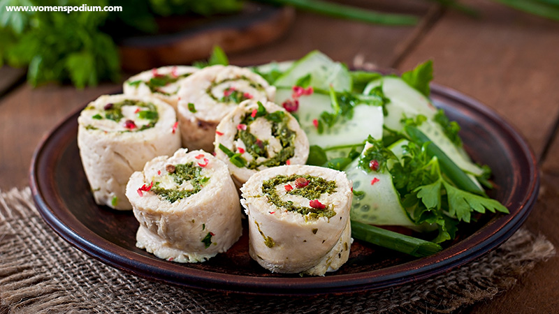 Steamed Chicken Rolls With Vegetable Salad