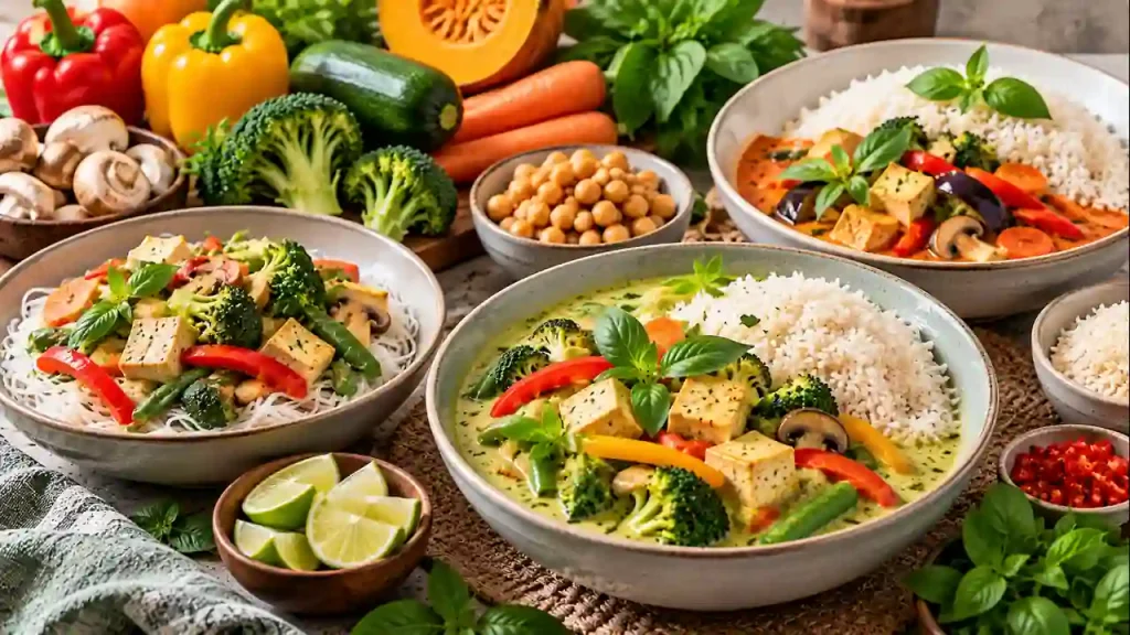 Serving ideas and a balanced meal, thai red curry with vegetables