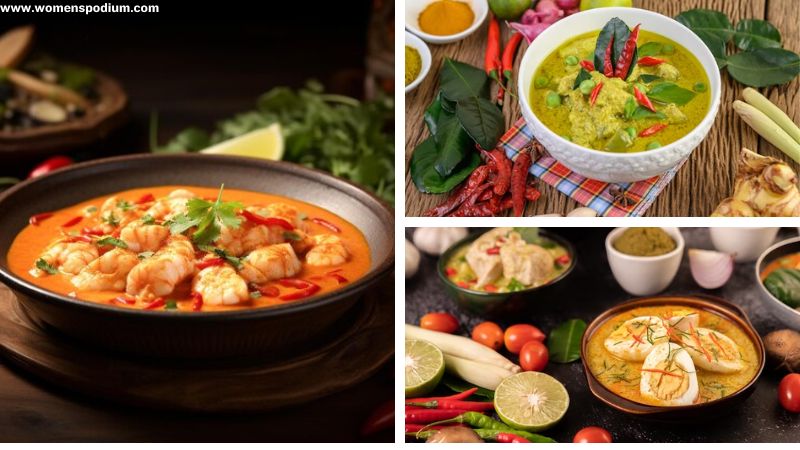 yellow green and thai red curry