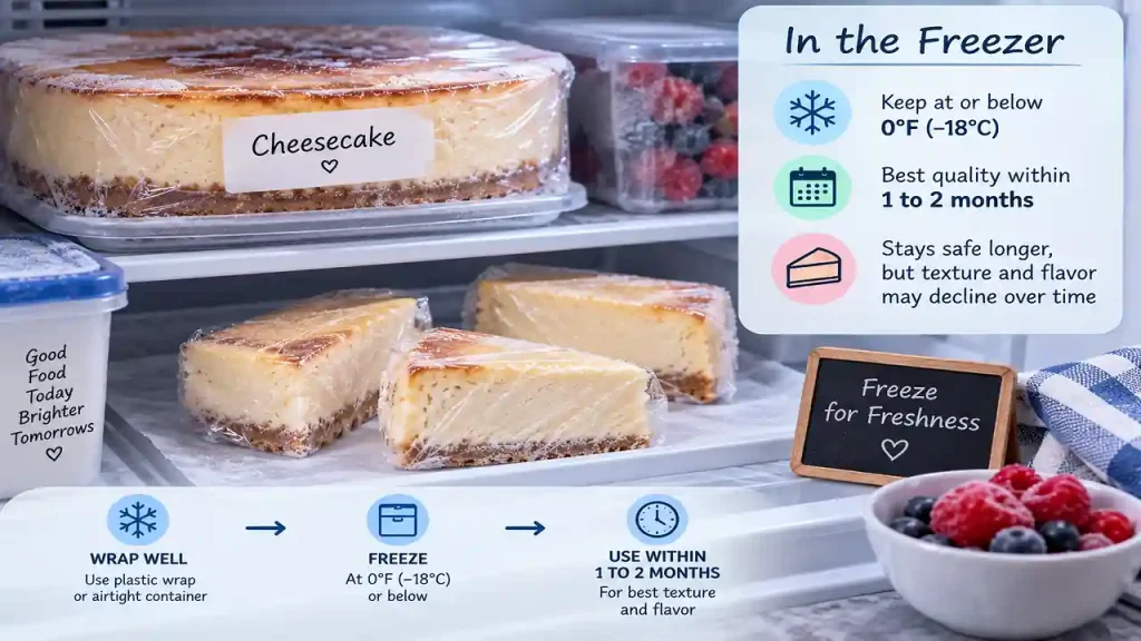Cheesecake wrapped securely in plastic wrap and stored in the freezer