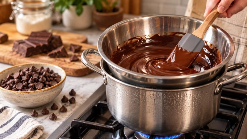 Chocolate chips melting in a double boiler on the stove