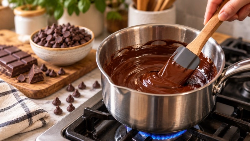 Chocolate chips melting in a direct saucepan method