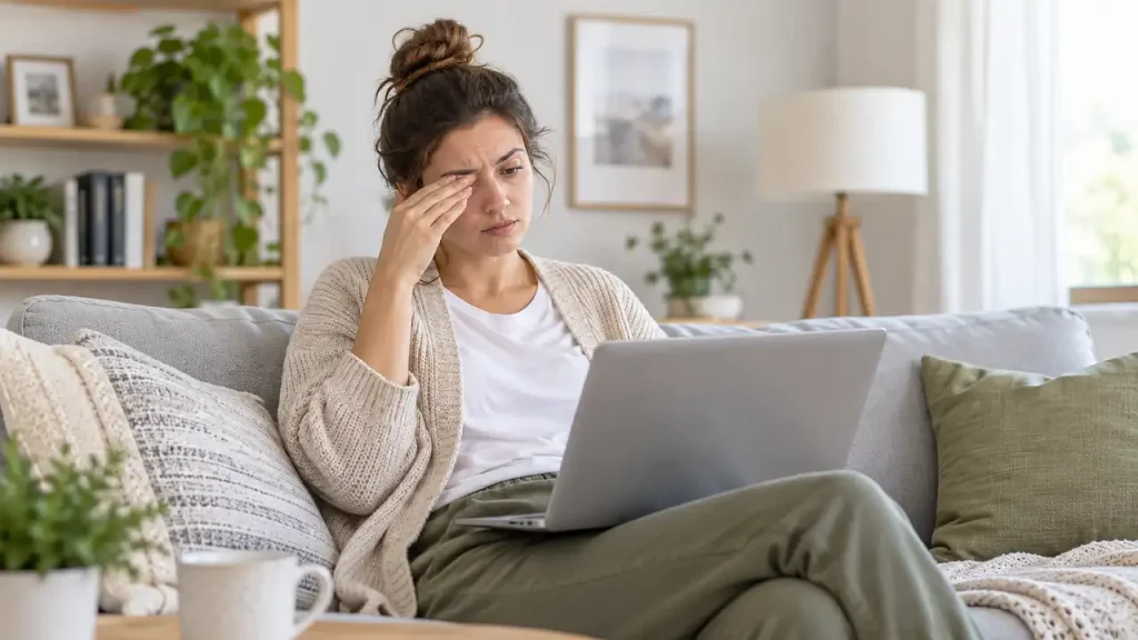 Woman touching her eye due to sudden eye twitching
